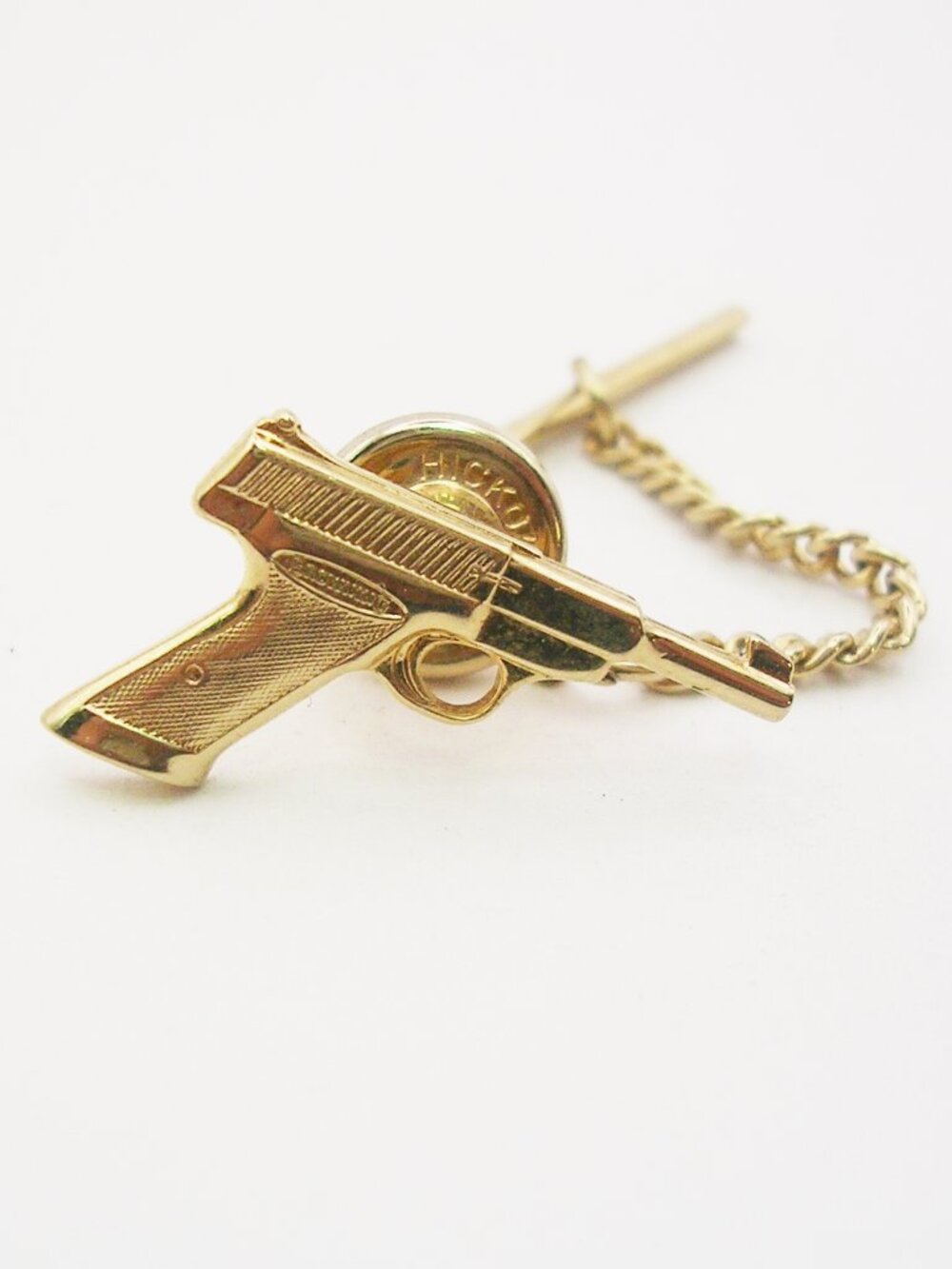 Vintage Browning Pistol Tie Tack Pin with chain gold tone Formal Necktie Holder